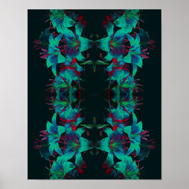Poster Abstrato Blue Lily Flowers Gotas de chuva (Frente)