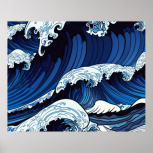 Poster Abstrato Blue Ocean Ondas Japonês Estilo Trabalho