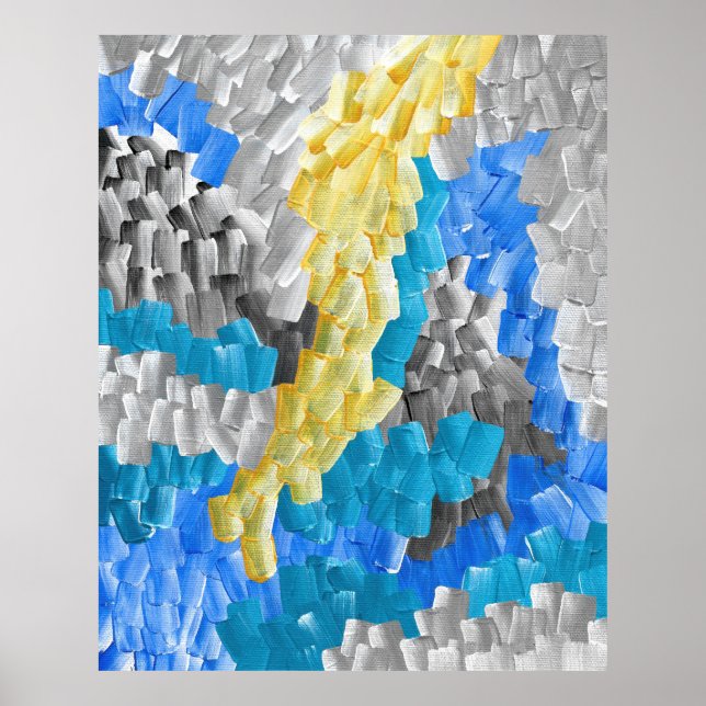 Poster Abstrato Brushstrokes em Amarelo, Azul e Cinza (Frente)