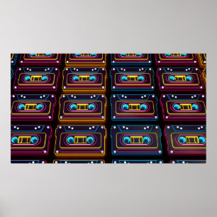 Poster Abstrato cassete cassete neon retro música de fund