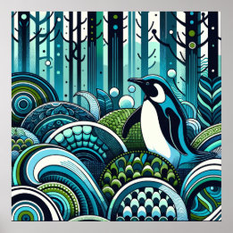 Poster Abstrato da Floresta Exterior do Pinguim Verde Azu