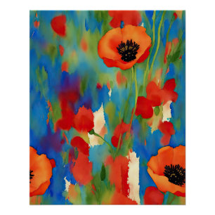Pôster Abstrato de Aquarela de Campo de Flor de Poppy