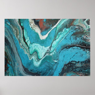 Poster Abstrato de Arte Acrínica de Fluido de Cobre Turqu