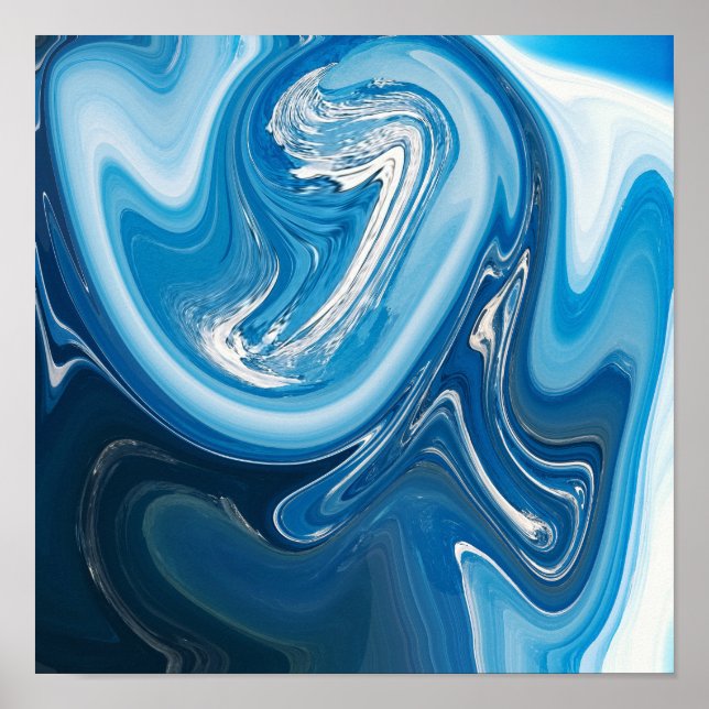 Poster Abstrato de Arte Líquida Azul E Branco (Frente)