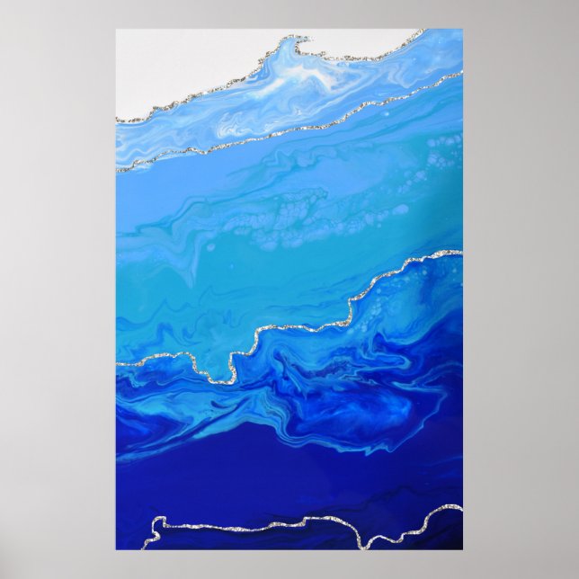 Poster Abstrato de Arte Marble Silver Turquoise Azul (Frente)