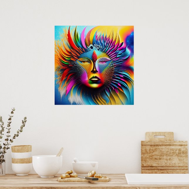 Poster Abstrato de Boho com face solar psicodélica (Cozinha)