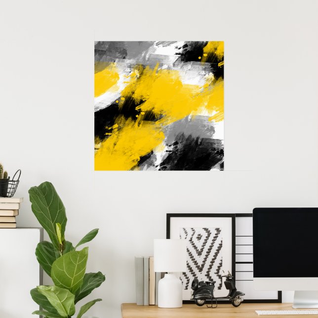 Poster Abstrato de Brushstrokes Branco Amarelo Negro (Escritório em casa)