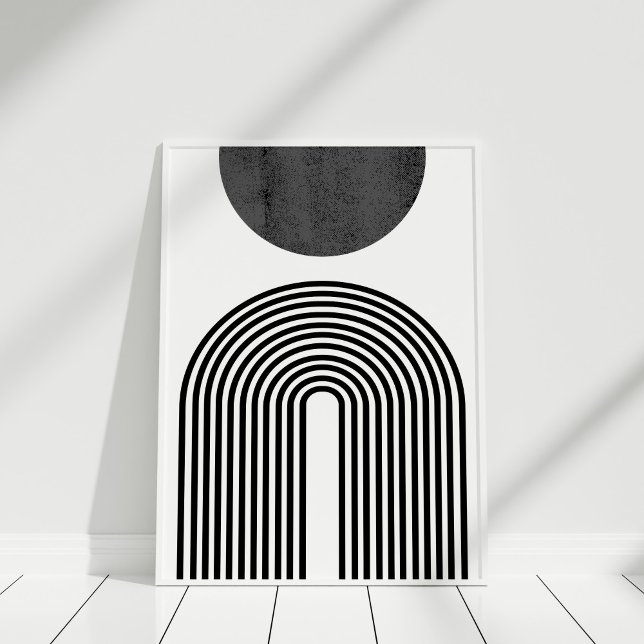Poster Abstrato de círculo e arco minimalista preto e bra (Black and White Boho Sun and Rainbow Wall Art against white wall in white frame.)