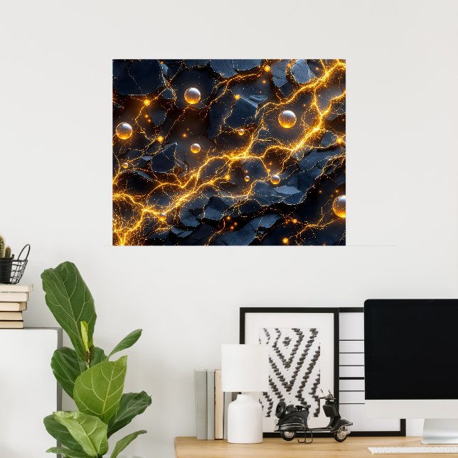 Poster Abstrato de energia elétrica com raios Ouro (Escritório em casa)