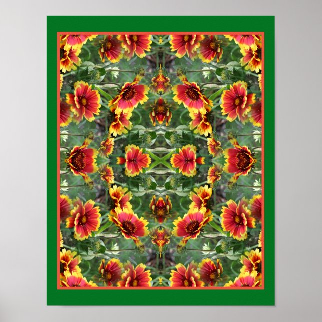Poster Abstrato de Flores de Margarida Vermelhas e Amarel (Frente)