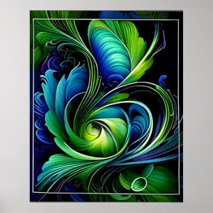 Poster abstrato de folha verde azul