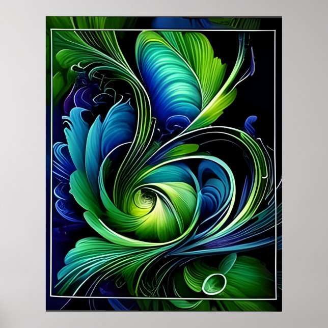 Poster abstrato de folha verde azul (Frente)