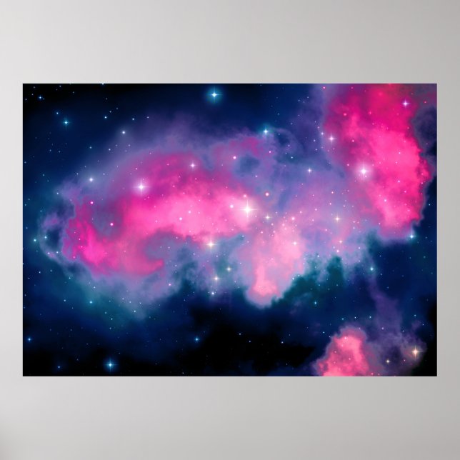 Poster Abstrato de Galáxias e Estrelas Rosa e Azul (Frente)