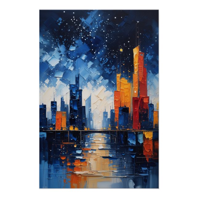 Pôster Abstrato de Paisagem Noturna com Impasto (Frente)