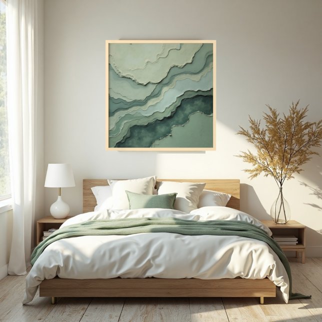 Poster Abstrato de sábio estratificado - Moderno orgânico (Stratified Sage Poster: Tranquil Organic Modern Art in Natural Wood Frame.)