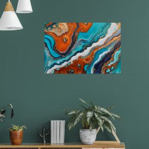 Poster Abstrato de tinta azul-turquesa, à ferrugem e dour