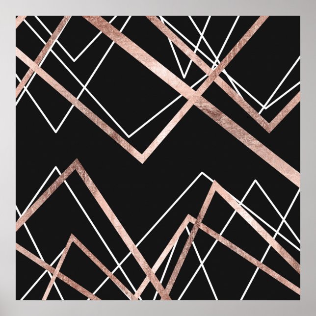 Poster Abstrato de Triângulo Linear Preto Dourado rosa (Frente)