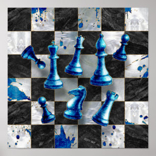 Poster Abstrato de xadrez - Marble Azul
