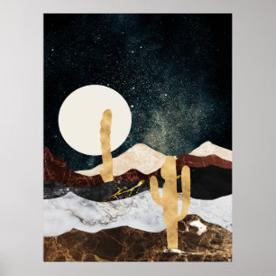 Poster Abstrato Desert Night Sky com Ouro Cactus