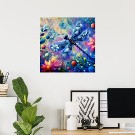 Poster Abstrato Dragonfly Floral Teal Azul Cor-de-rosa