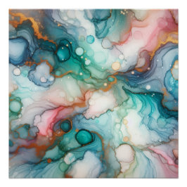 Pôster Abstrato em Rosa, Azul Turquesa, Azul e Dourado