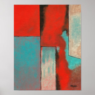 Pôster Abstrato Expressionista Arte Pintura Turquesa Verm