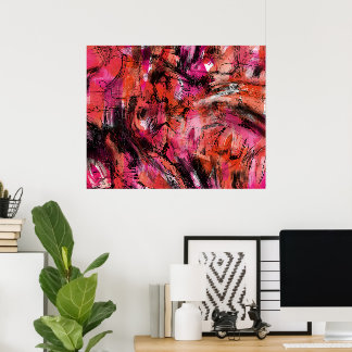 Poster Abstrato Expressionista de Muralha Rosa Vermelho