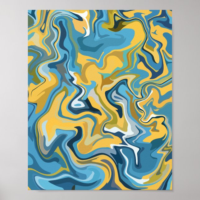Poster Abstrato Fluid Art com espirais azuis e amarelas (Frente)