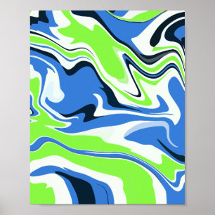 Poster Abstrato Fluid Art com ondas azuis e verdes