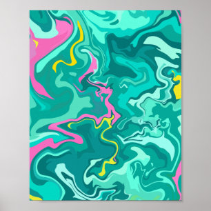 Poster Abstrato Fluid Art com verde, rosa e amarelo