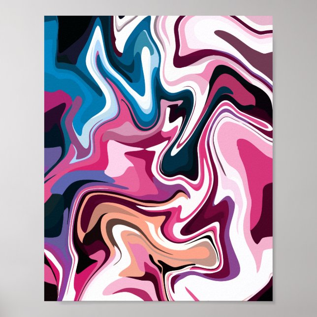 Poster Abstrato Fluid Swirl Art em rosa, branco e azul (Frente)