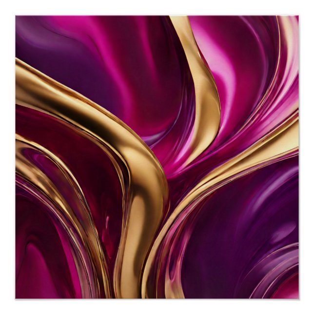 Pôster Abstrato — Fluxo Arte-Fúcsia Roxo e Dourado- (Frente)