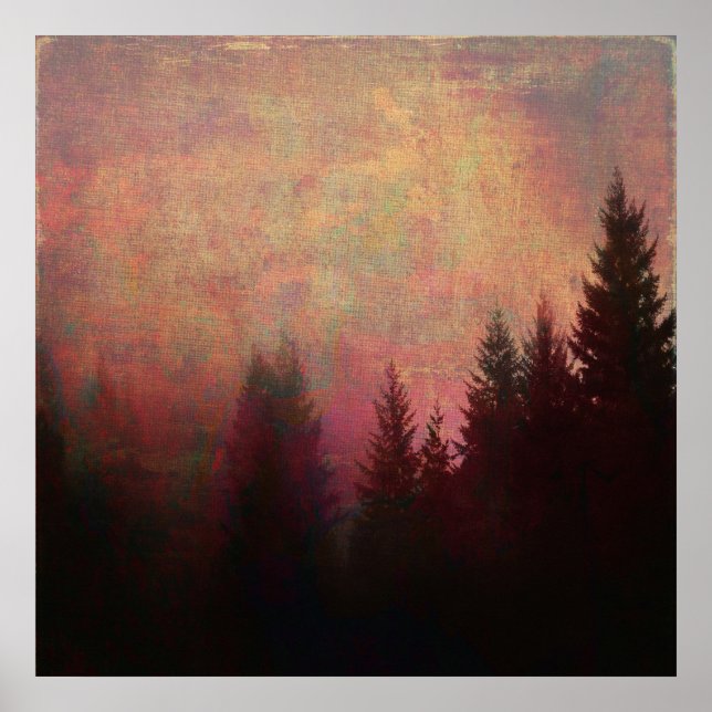 Pôster Abstrato Forest Landscape Art Grunge Sky Colors (Frente)