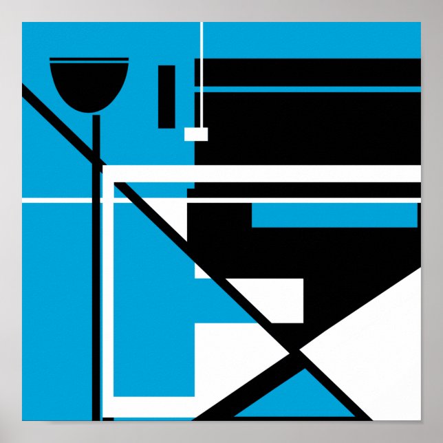 Poster Abstrato Geométrico Branco Preto no Azul Médio (Frente)