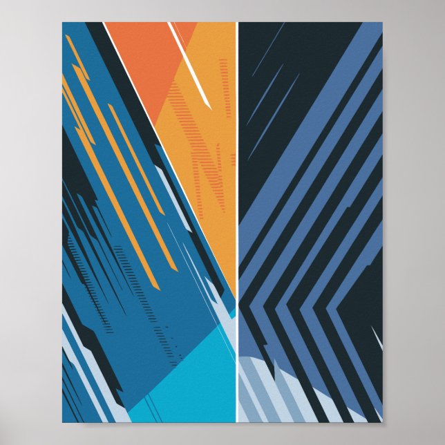 Poster Abstrato Geométrico Dinâmico em Azul e Laranja (Frente)