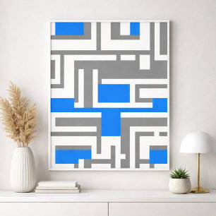 Poster Abstrato Geométrico em Azul, Branco e Cinzas