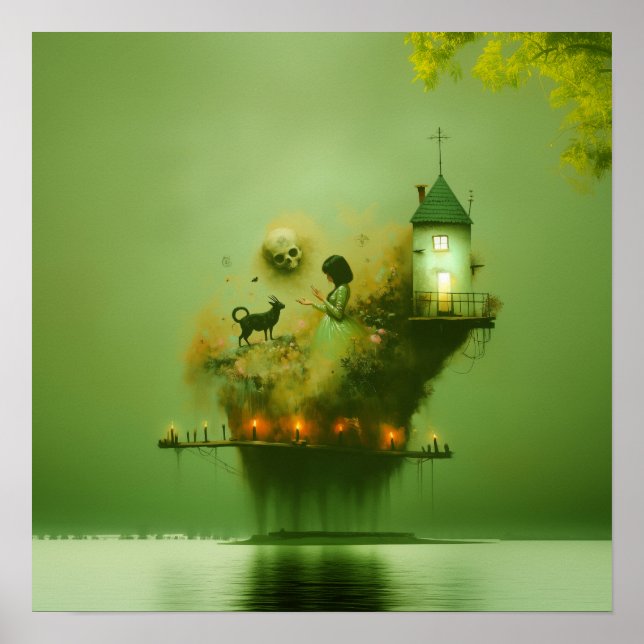 Poster Abstrato Horns Cat Green Witchy AI Art Matvalue (Frente)