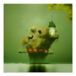 Pôster Abstrato Horns Cat Green Witchy AI Art Semi Gloss