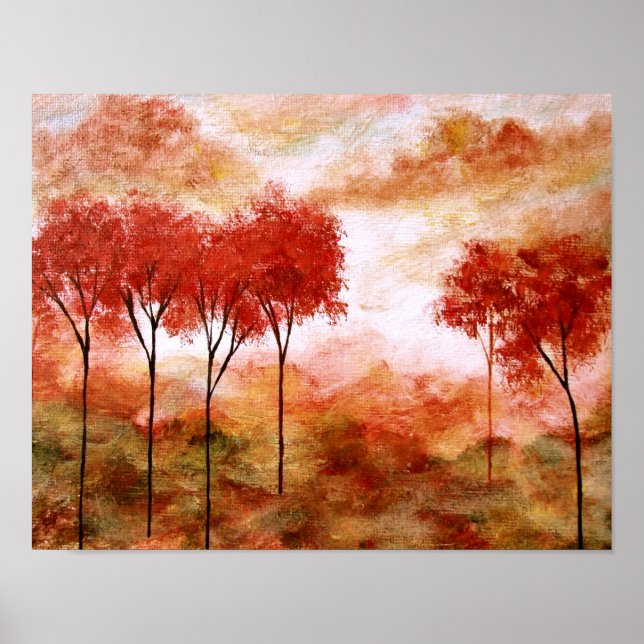 Pôster Abstrato Landscape Art, Red Skinny Trees Autumn (Frente)