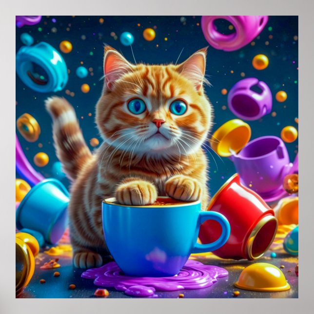 Poster Abstrato Life: Café, Gatos e Caos Coloridos (Frente)