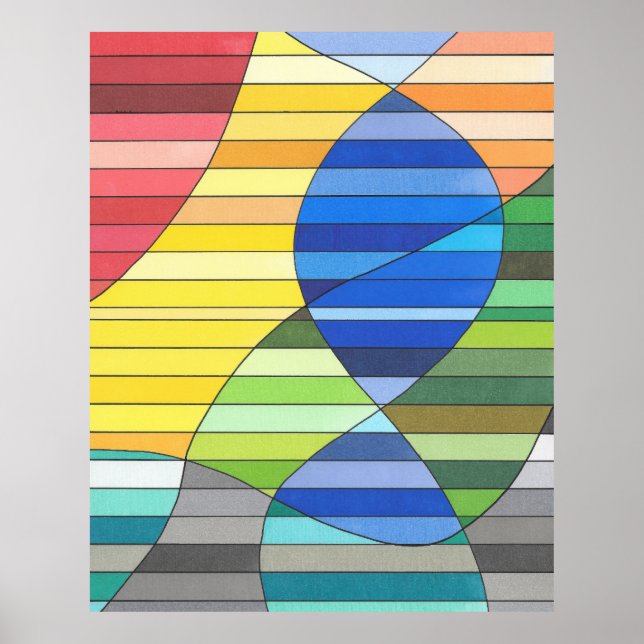 Poster Abstrato Listrado com Formas Amarelas e Azuis (Frente)