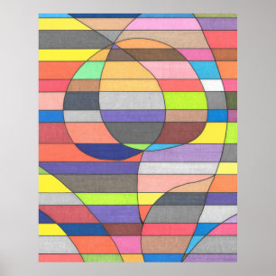 Poster Abstrato Listrado com Ovais e Curvas Coloridas