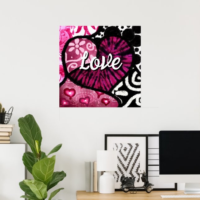 Poster Abstrato Love Heart Pink Floral Bolinhas Pretas (Escritório em casa)