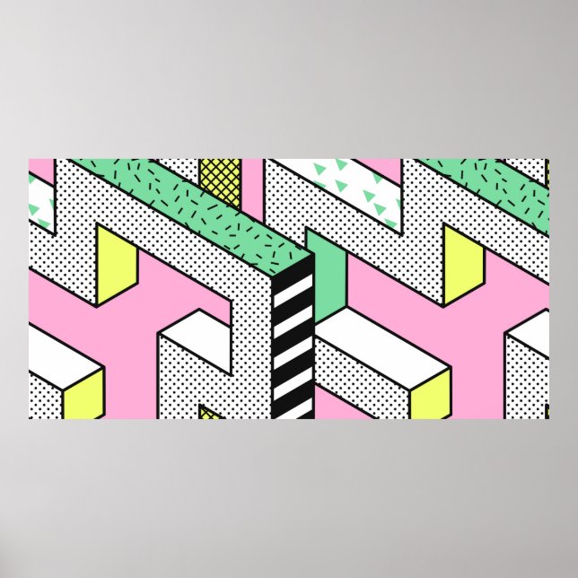 Poster Abstrato Memphis Padrões sem costura com 3d Geomet (Frente)