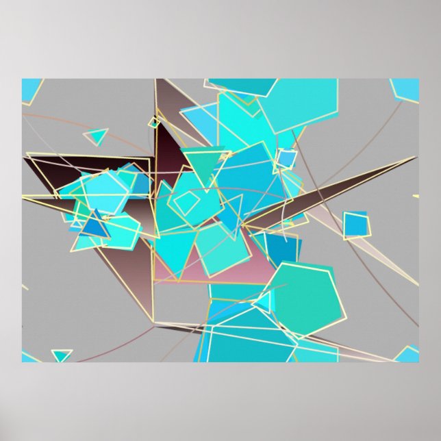 Pôster Abstrato moderno - Geométrico, Cinzas e Turquesa (Frente)