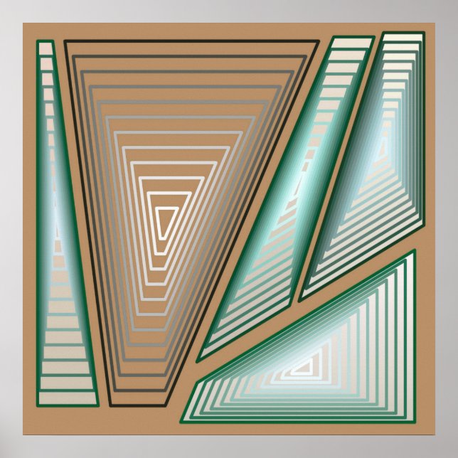 Pôster Abstrato moderno - Pirâmides 3 d, Taupe e Prata (Frente)