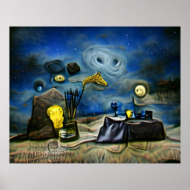Poster Abstrato moderno surreal Starry Night com objetos (Frente)