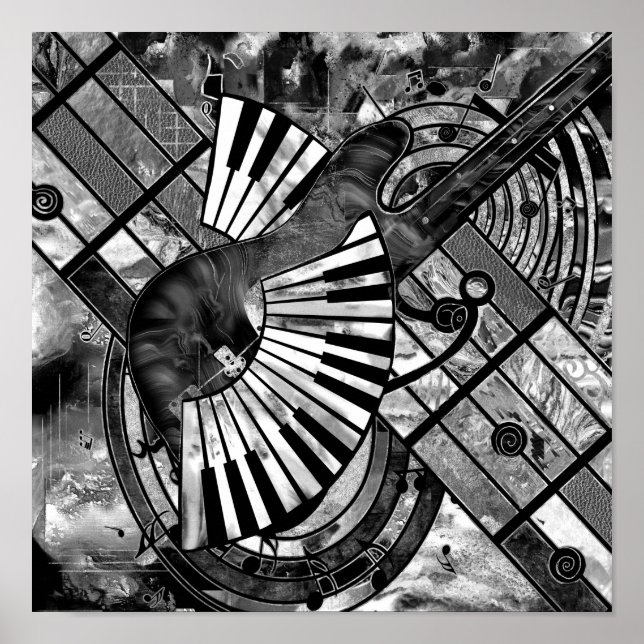 Poster Abstrato Music Art - Texturas mistas em escala de  (Frente)