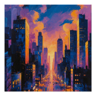 Pôster Abstrato Neon City Skyline Sunset Glow Arte Digita