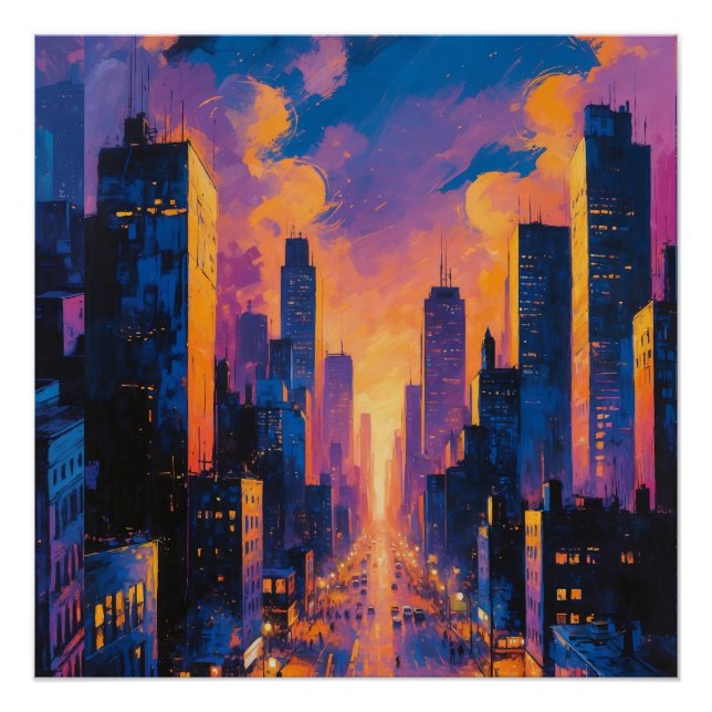 Pôster Abstrato Neon City Skyline Sunset Glow Arte Digita (Frente)